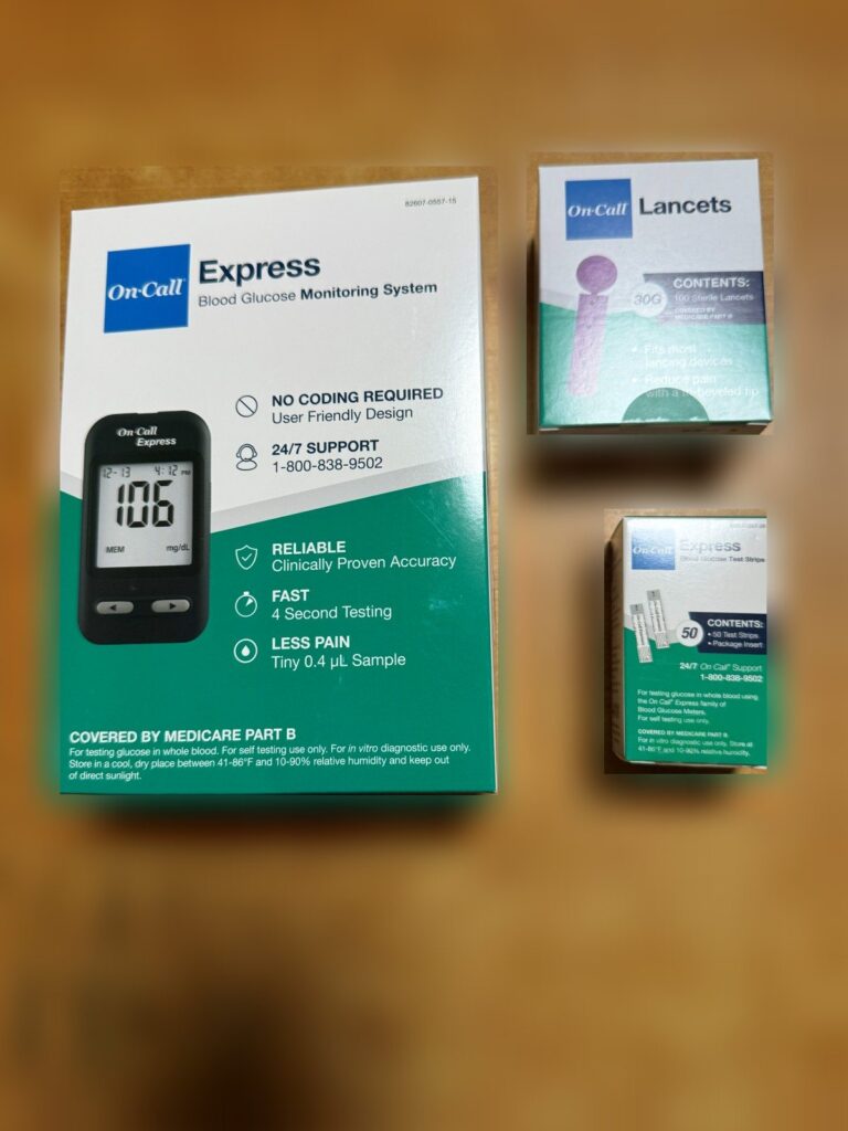 ACONの血糖値測定器「On Call Express」本体、ランセット（針）、試験紙の箱