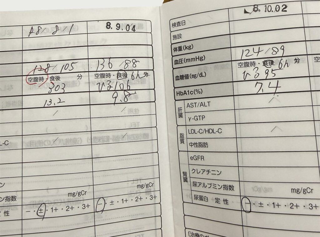 糖尿病連携手帳の検査結果の記録(2026年10月2日、HbA1c 7.4%)